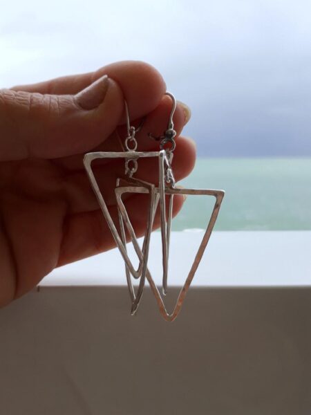 Triangle earrings, silver earrings, dangle earrings, hammered earrings, everyday earrings, Popular Jewelry - Image 2