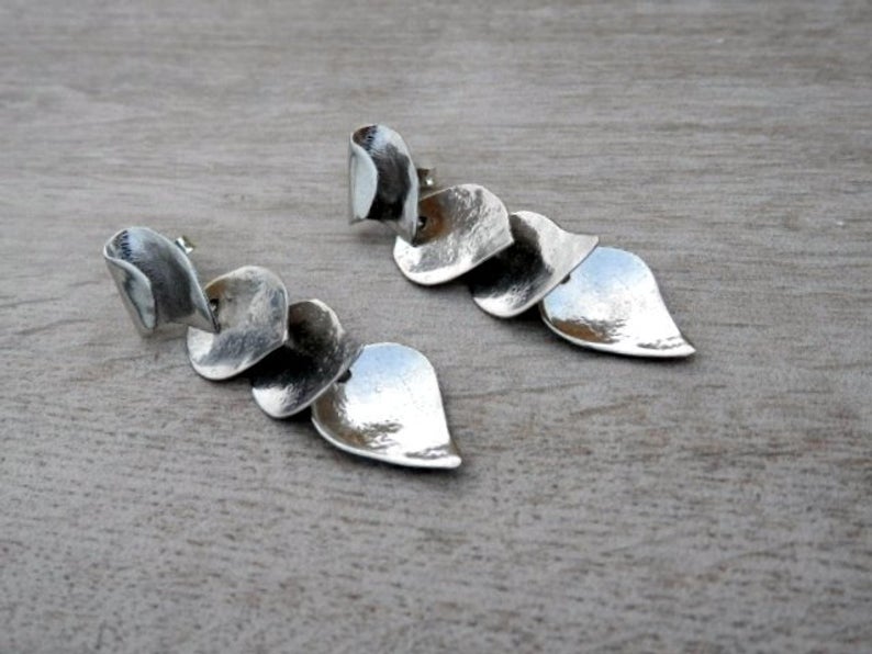 Long silver earrings, Silver drop earrings, Dangle Silver earrings, Hammered earrings, Leaves earrings, Rain drops - Image 6