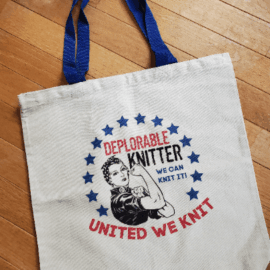 United We Knit Blue Handle Tote Bag