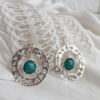 Round turquoise earrings, Silver hoop earrings, Hammered silver earrings, Dangling earrings
