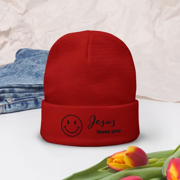 Smile Jesus Loves You Embroidered Beanie - Image 3