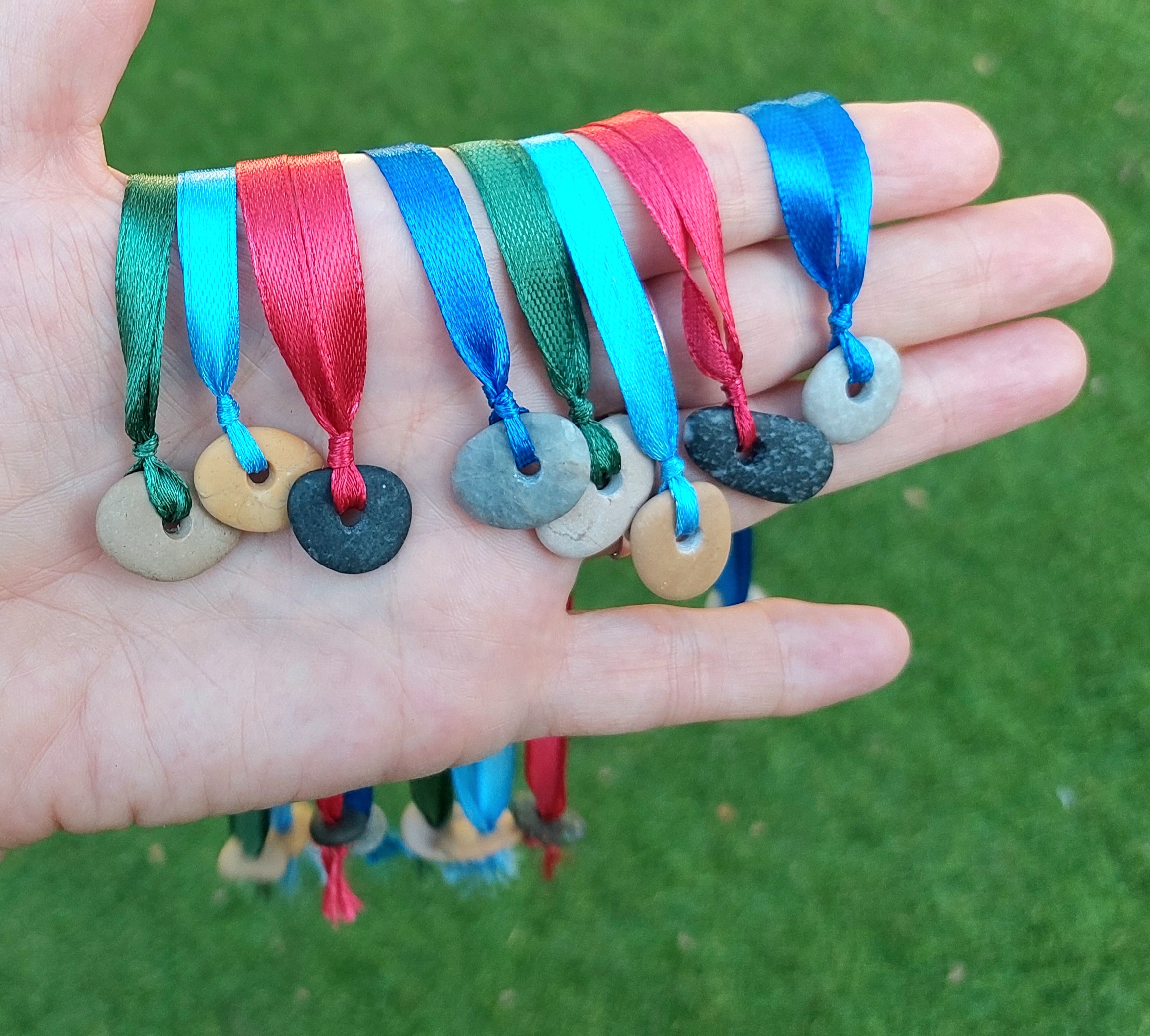 Pebble bookmark with colorful silk satin ribbon