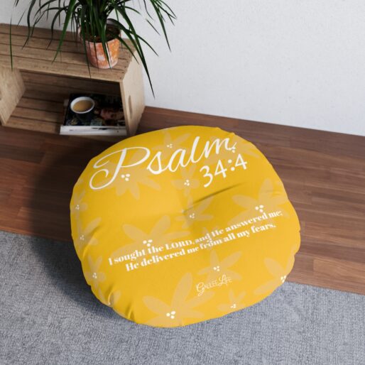 Psalm 34:4 Tufted Round Floor Pillow (Yellow)