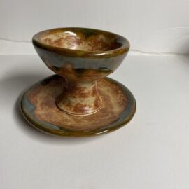 Small Handmade pottery chalice and plate beige with green rim