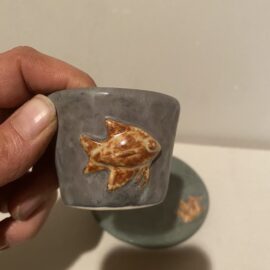 Small handmade communion cup and plate with fish design