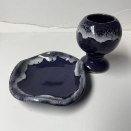 Holy Communion set handmade pottery royal purple globe cup and plate