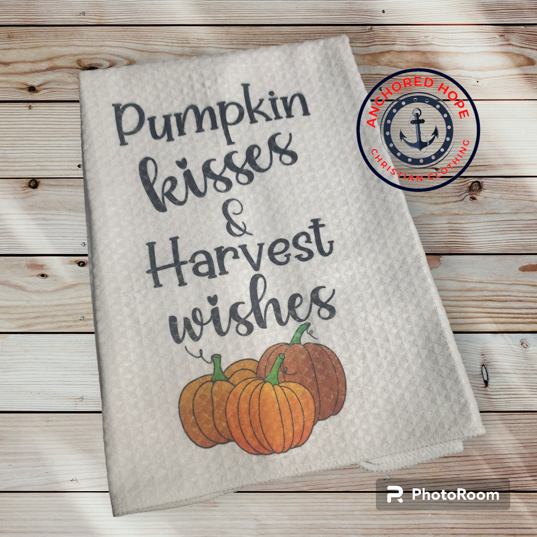 Pumpkin Kisses & Harvest Wishes Waffle Design Kitchen Towel