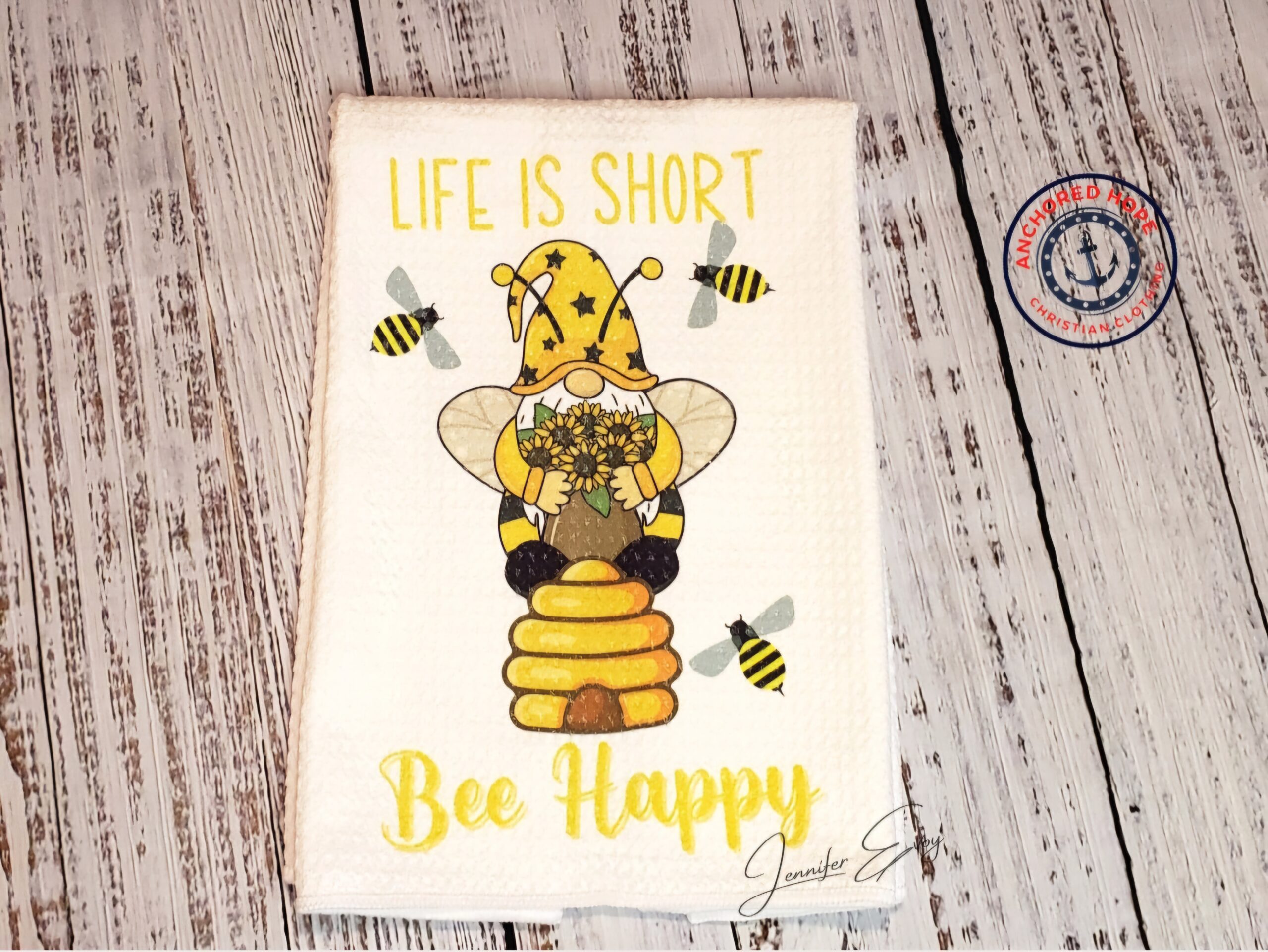 Life is Short, Bee Happy Waffle Design Kitchen Towel