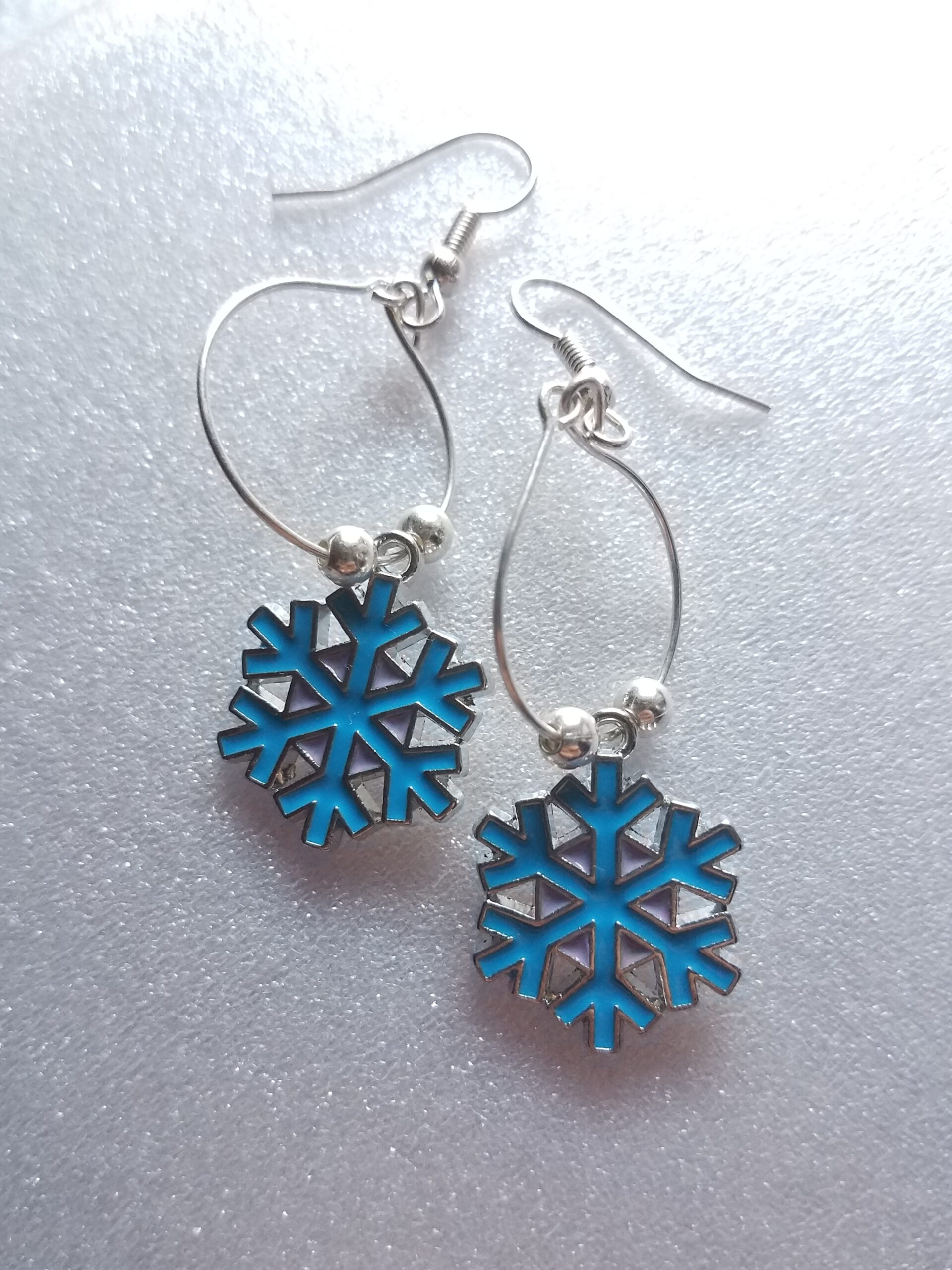 Silver & Teal Snowflake Hoop Earrings