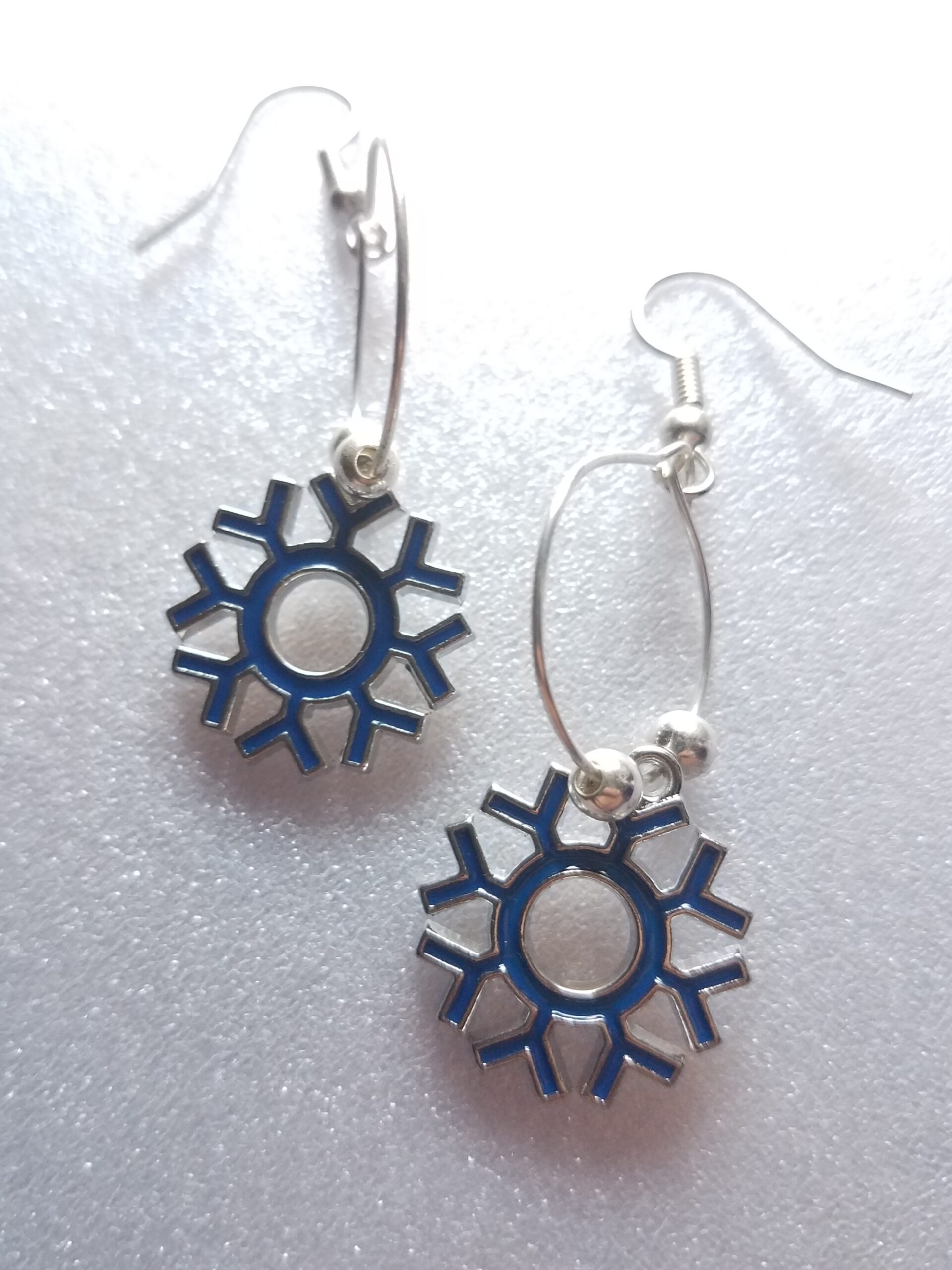 Silver & Navy Snowflake Hoop Earrings