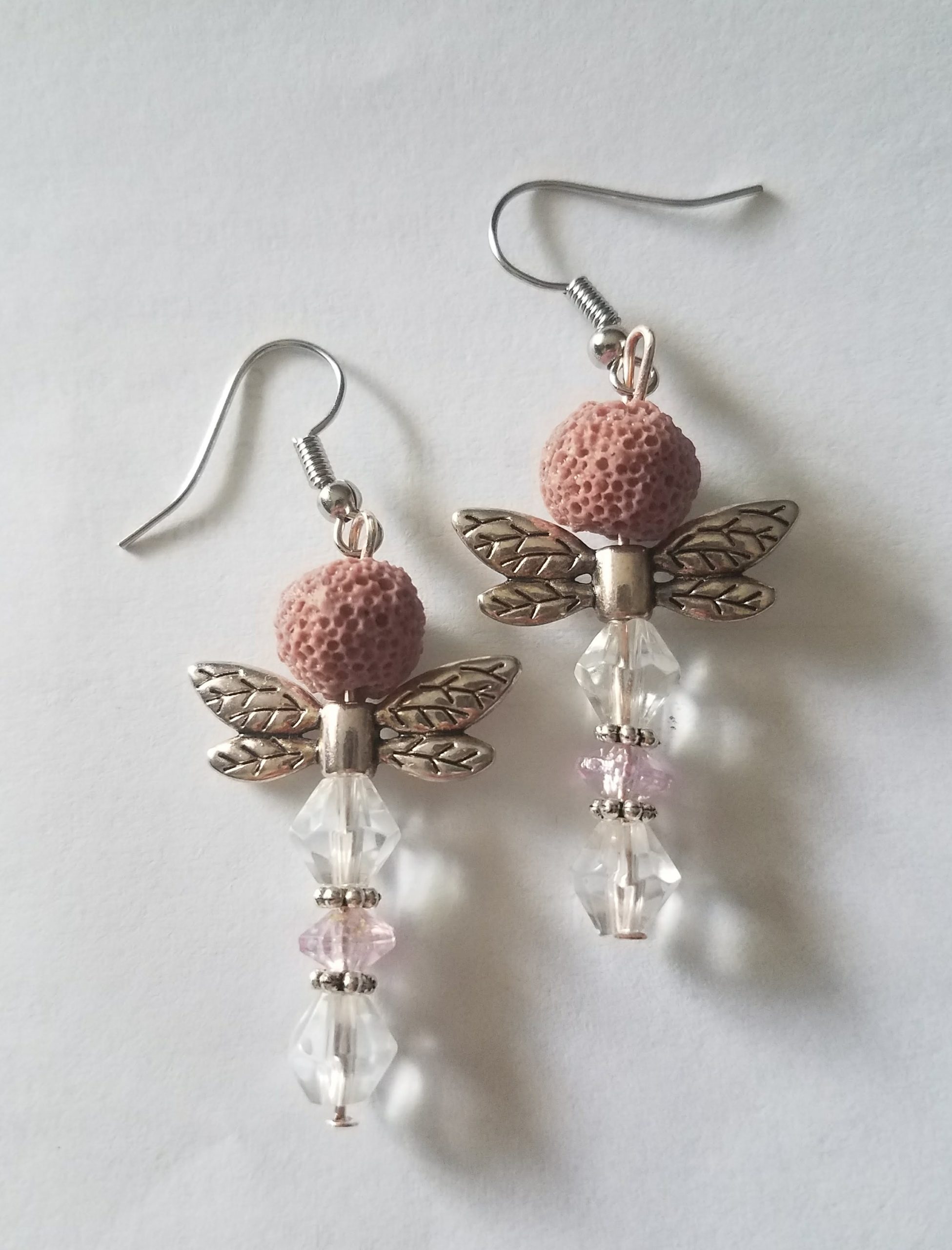 Mauve and Crystal Dragonfly Dangle Earrings