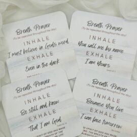 Four faith-based breath prayer cards displayed together on a neutral background. Each card offers a calming, prayerful phrase to guide daily reflection.