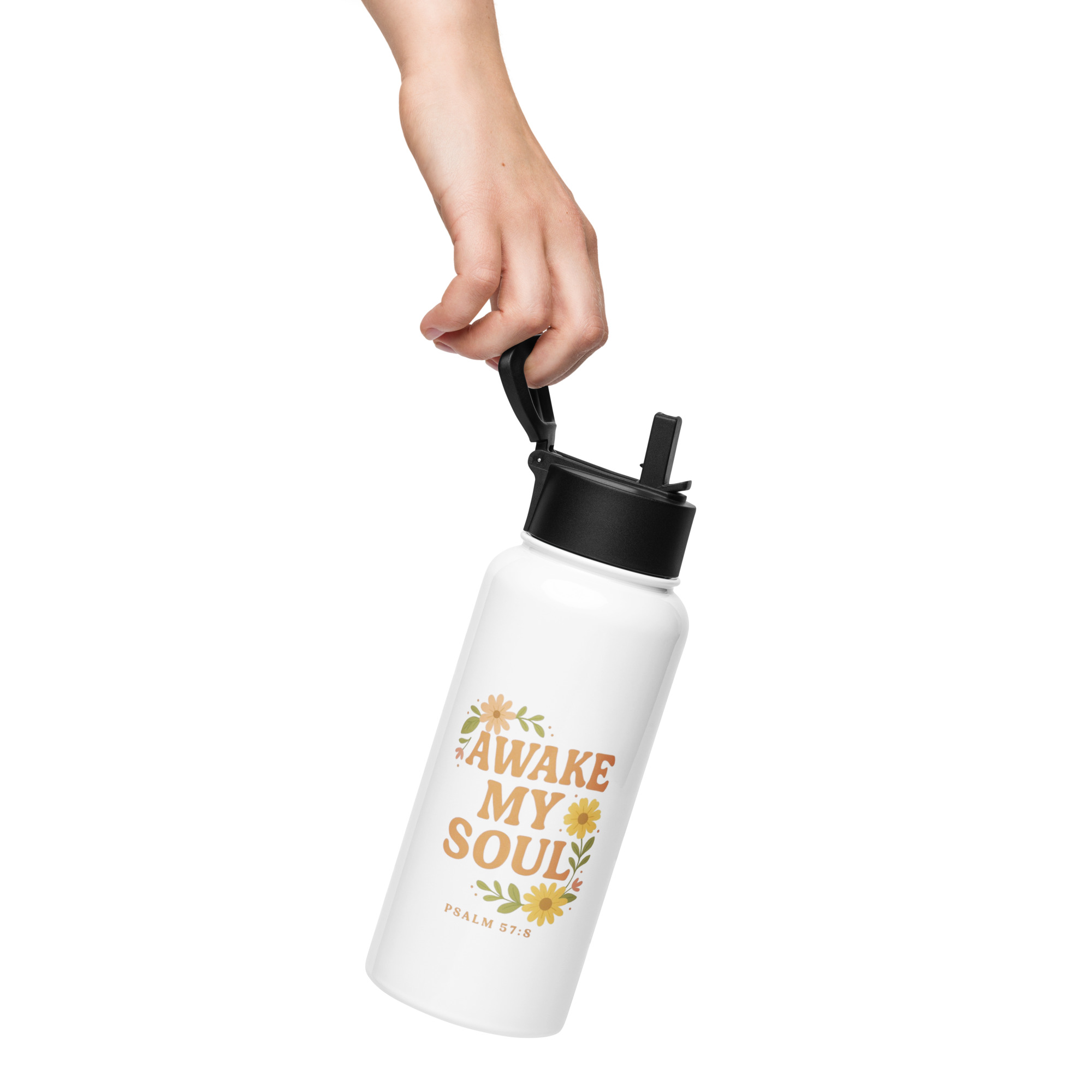 Awake My Soul Stainless Steel Water Bottle with Straw Lid – Psalm 57:8