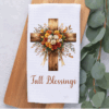Fall Blessings Floral Cross Kitchen Tea Dish Towel, 16"x24" Waffle Weave Hand Towel, Fall Kitchen Decor, Fall Hostess Housewarming Gift