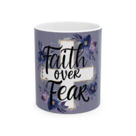 Quote "Fath Over Fear" overlay, purple background with white crossed center on the mug.