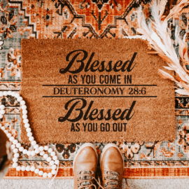 Christian welcome doormat that says “Blessed as you go in and blessed as you go out,” farmhouse-style home décor for front door entryway.