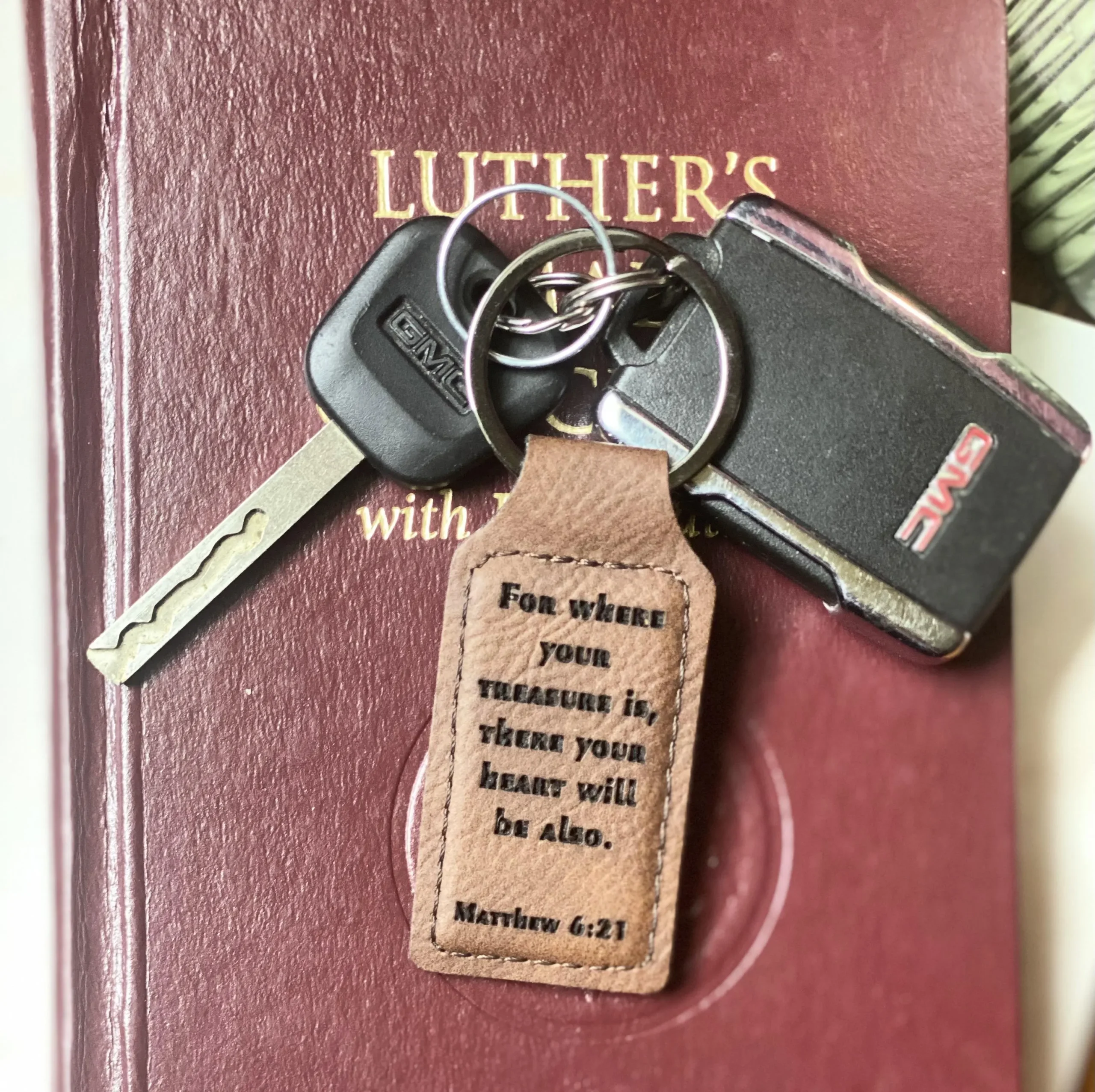 Custom Keychain | Where Your Treasure Is, There Your Heart Will Be Also–Engraved Leather | Matthew 6:21 | Christian Gift | Buy One, Give One