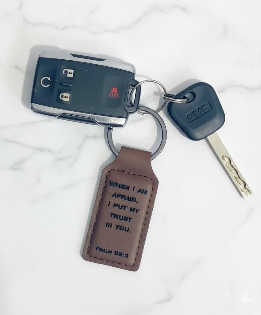 Custom Keychain | When I Am Afraid, I Will Trust in You – Engraved Leather | Psalm 56:3 | Christian Gift | Gift Wrapped | Buy One, Give One