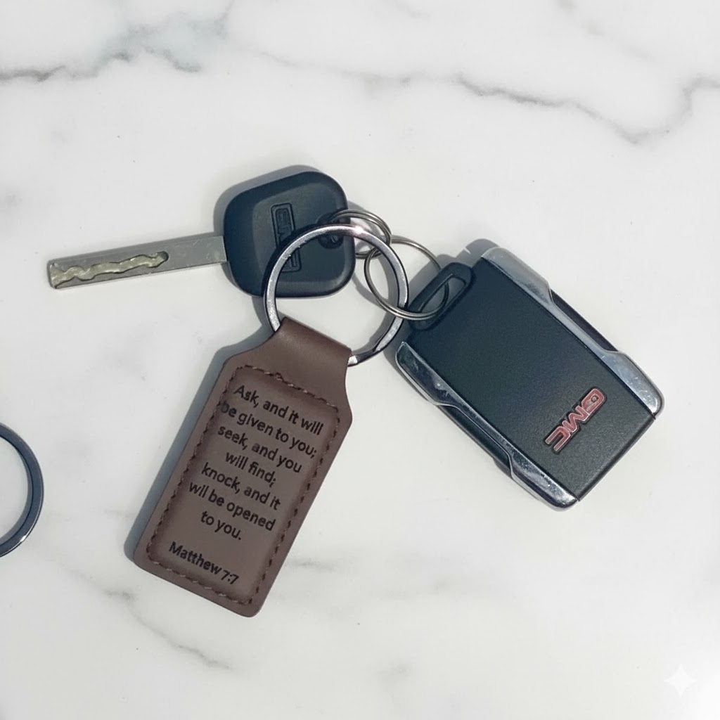 Custom Keychain | Matthew 7:7 – “Ask, Seek, Knock” Scripture Key Ring | Christian Gift for Him or Her | Faith-Based Encouragement