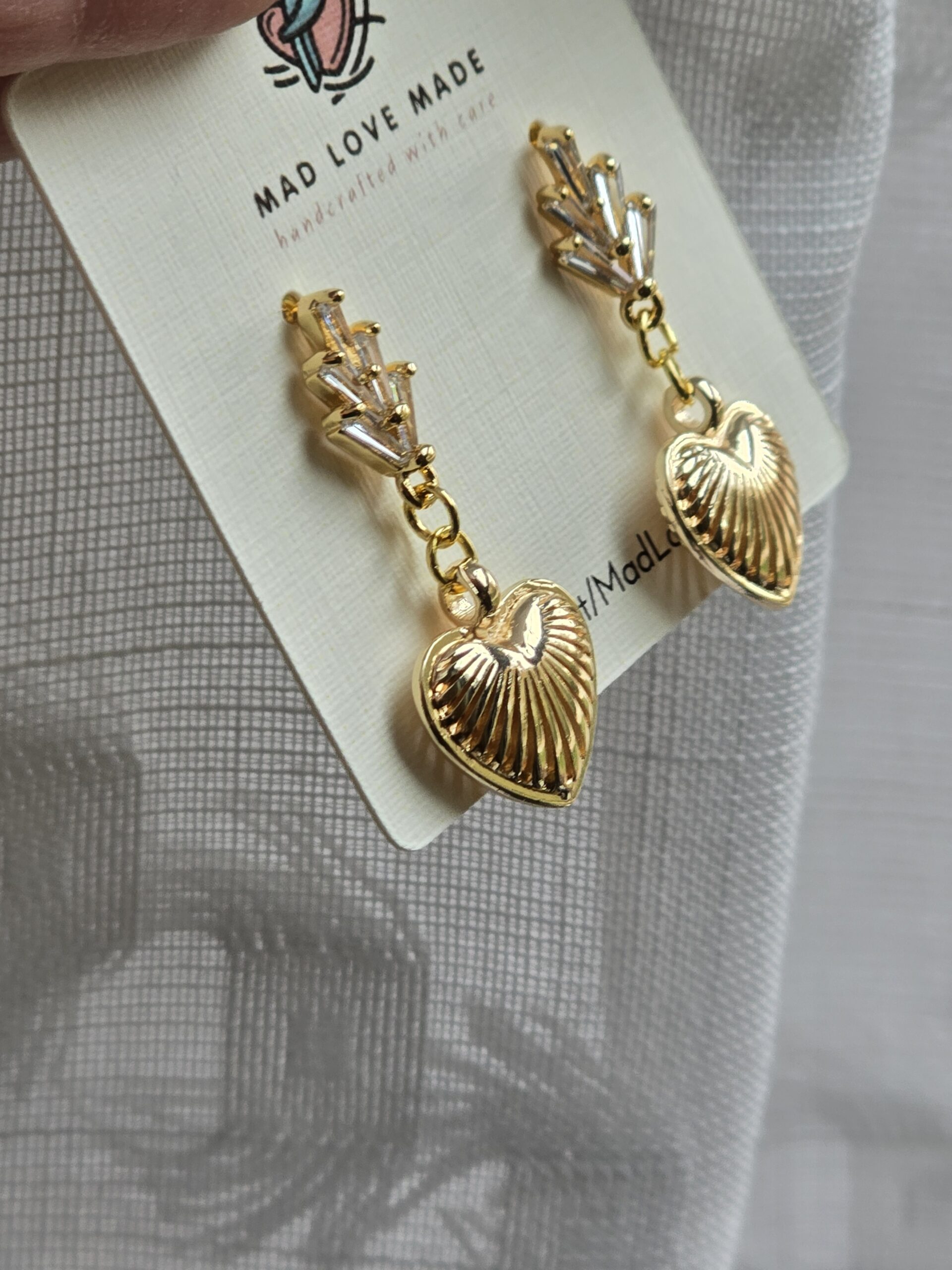 Puffy Heart Gold tone and Crystal Dangle Earrings - Image 2