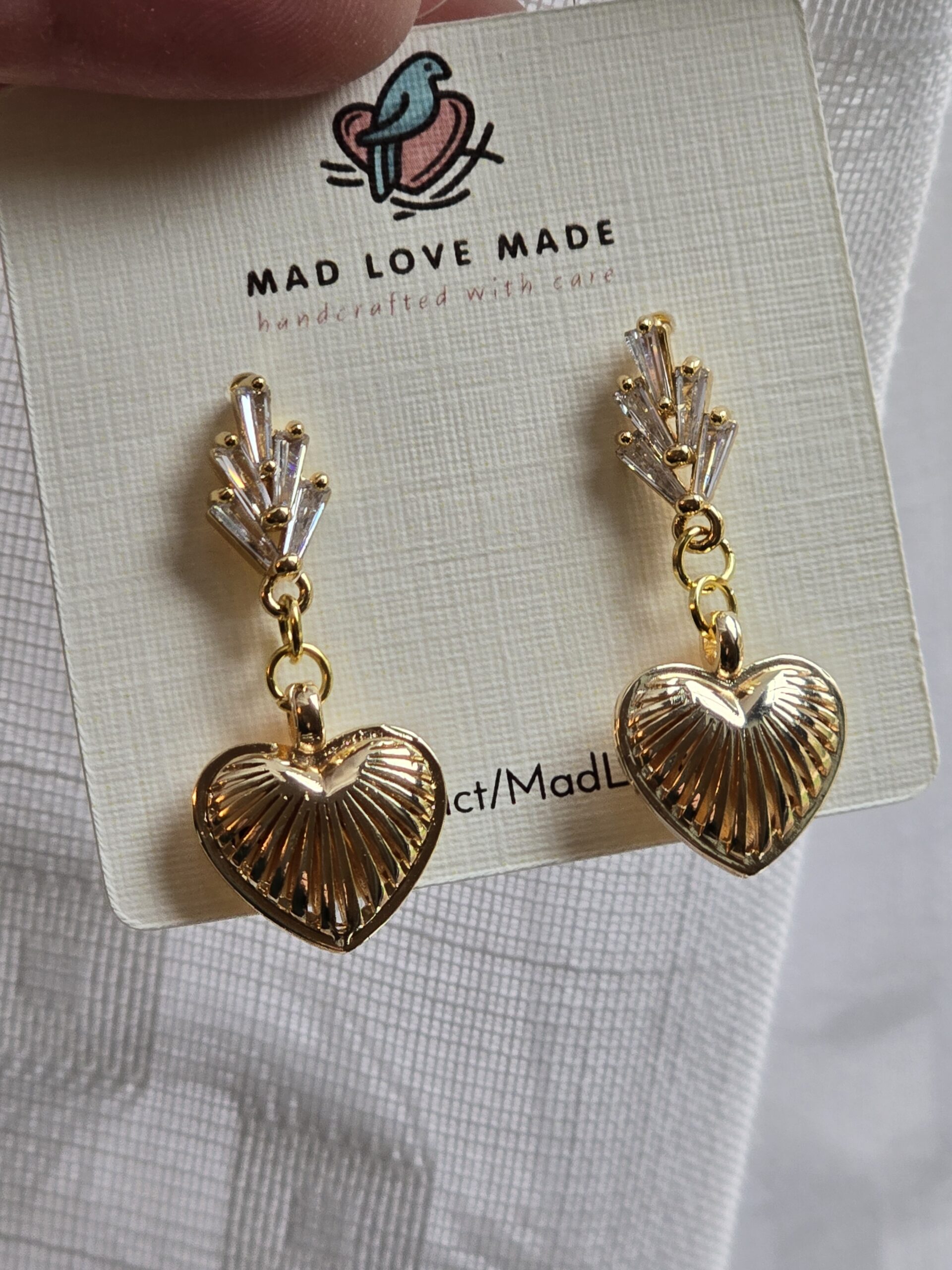 Puffy Heart Gold tone and Crystal Dangle Earrings