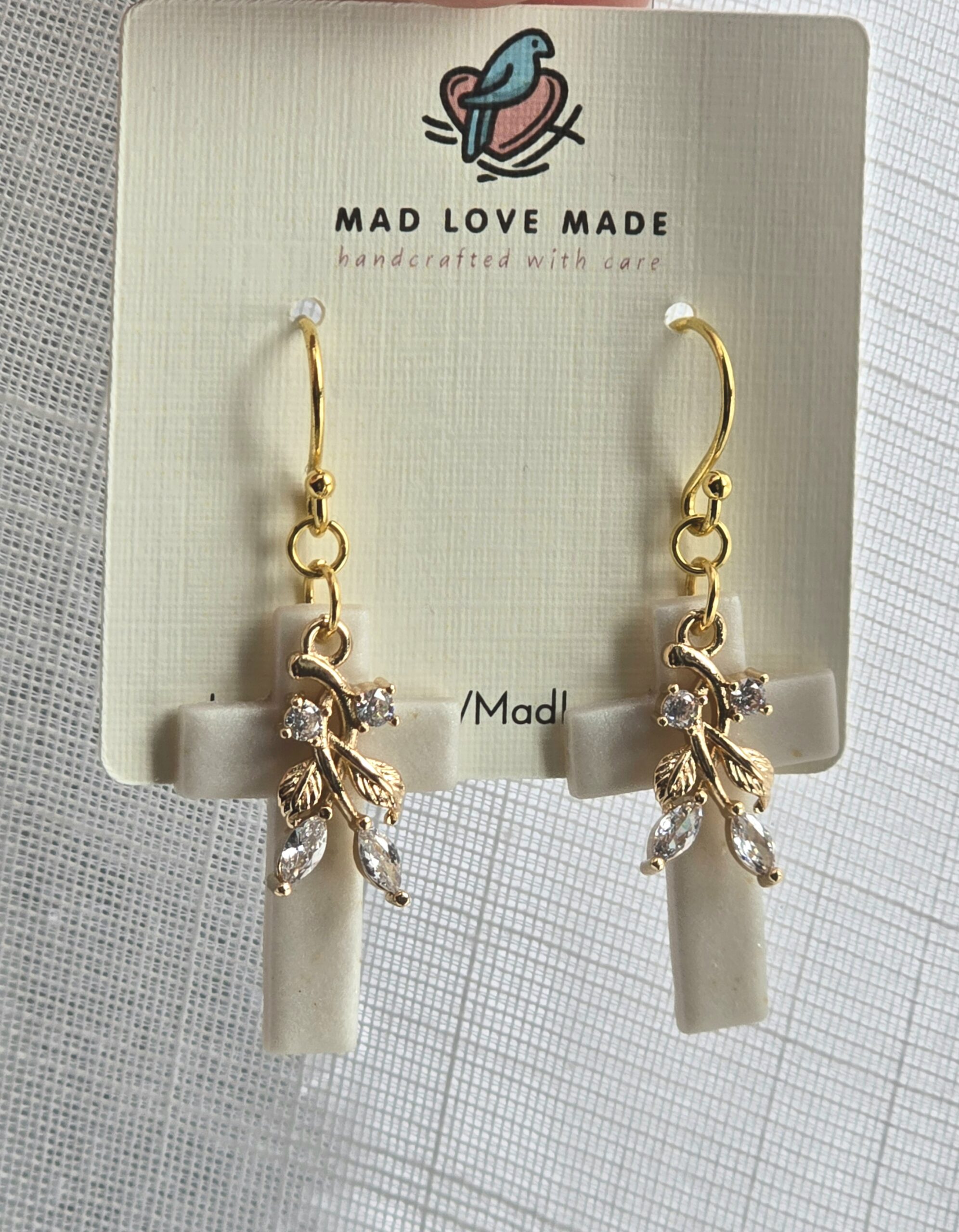 I Am The Vine - Cross with Vine Dangle Earrings Ivory and Gold