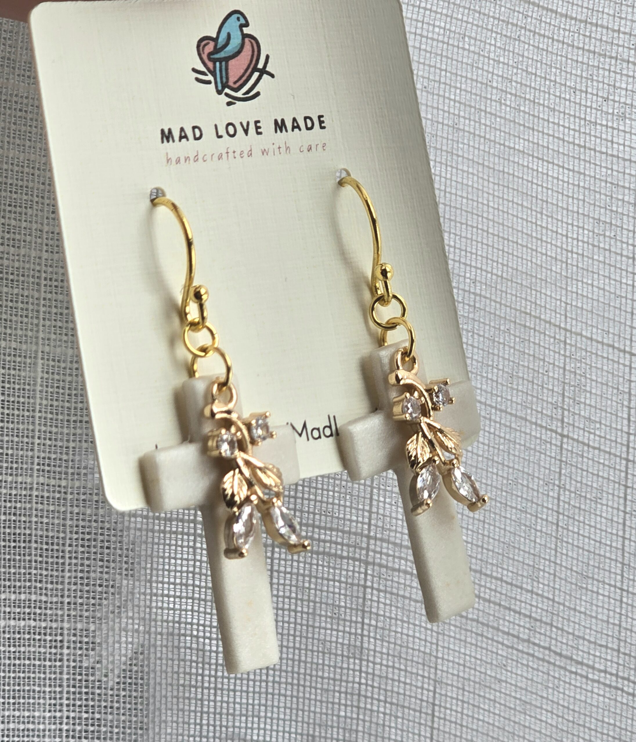 I Am The Vine - Cross with Vine Dangle Earrings Ivory and Gold - Image 2