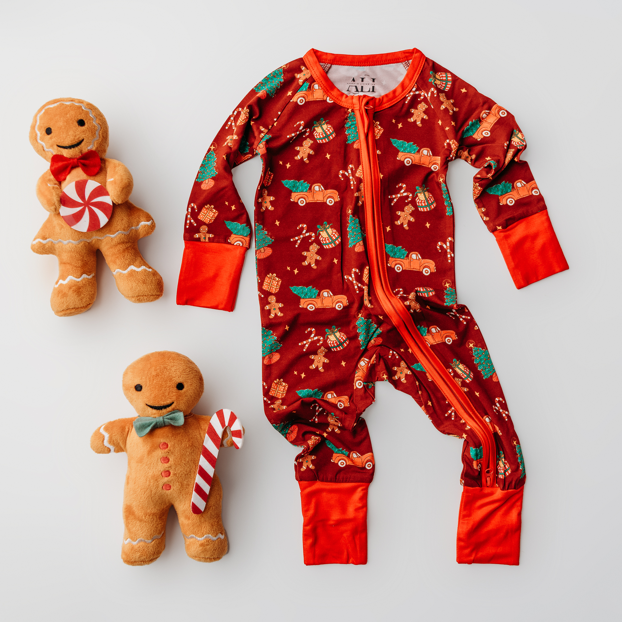 Infant Christmas Onesie – Soft Bamboo Pajamas with Red Truck & Tree Print (2025 Limited Edition) - Image 2