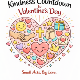 Heart-shaped design with kindness icons and text about a 14-day kindness countdown to Valentine's Day.