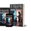 3D mockup of "The Path to Peace: Co-Parenting with a Narcissist" by L J West, shown on a tablet, smartphone, and paperback cover, featuring a silhouette of a divided family and the subtitle about navigating conflict with confidence.