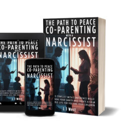 3D mockup of "The Path to Peace: Co-Parenting with a Narcissist" by L J West, shown on a tablet, smartphone, and paperback cover, featuring a silhouette of a divided family and the subtitle about navigating conflict with confidence.