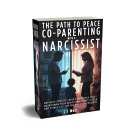 Book cover of The Path to Peace: Co-Parenting with a Narcissist by L J West, showing two adults standing apart with a child between them, symbolizing co-parenting conflict and healing.