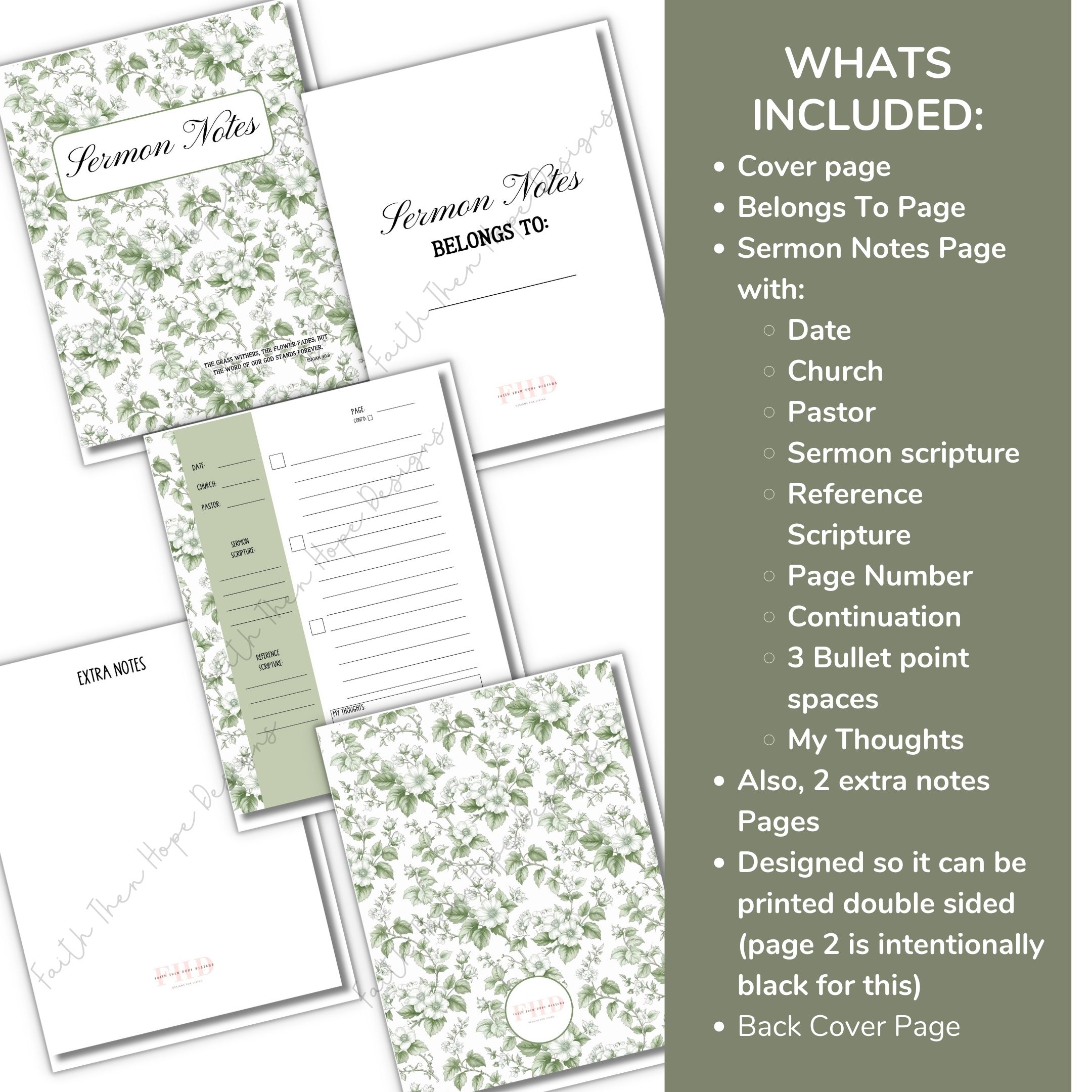 Green Floral Sermon Notes Template Christian Bible Planner Printable Faith Journal Digital Download Church and Prayer Notes