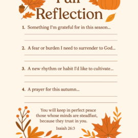 Fall-themed Christian journaling page with guided reflection prompts, autumn leaves and pumpkin illustrations, and Scripture from Isaiah 26:3.