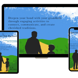 Silhouette of a family on a digital device screen with text about connecting with grandchildren.