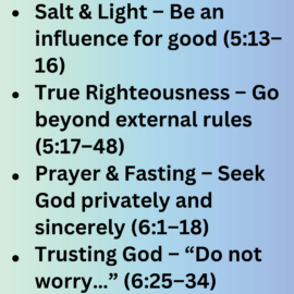 Back of Lessons from the Mountainside bookmark featuring key teachings from the Sermon on the Mount in Matthew chapters 5–7, including the Beatitudes, Salt & Light, Prayer & Fasting, the Golden Rule, and a quote from Matthew 7:24.