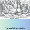 Lessons from the Mountainside Christian bookmark featuring a black-and-white illustration of Jesus teaching the crowd, Matthew 5:2–3 Scripture, and website link to Duvall Curiosities LLC.