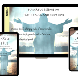 Digital mockup showing The Miracles of Jesus: Powerful Lessons on Faith, Trust, and God’s Love by L. M. Duvall on multiple devices, with a peaceful silhouette of Jesus standing with arms raised over water and light.