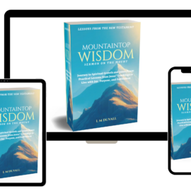 Book titled 'Mountaintop Wisdom' displayed on a tablet, phone, and book.