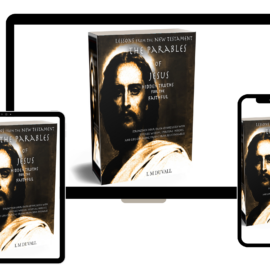 Book titled 'The Parables of Jesus' displayed on a tablet, phone, and bookshelf.