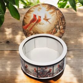 open lid of Cardianl memorial round keepsake box