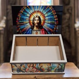 open box view of stained glass Sacred heart of jesus keepsake box