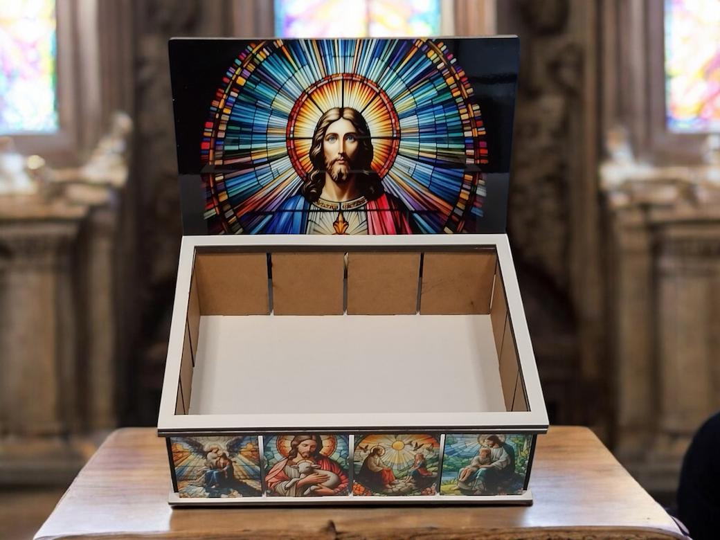 open box view of stained glass Sacred heart of jesus keepsake box