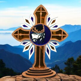 Jesus face cross with crown of thorns, gold & blue mirrored acrylic inlays, laser-cut Sacred Heart design on wooden base, faith-based Christian decor