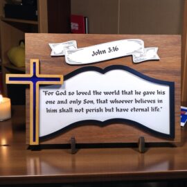 John 3:16 scripture plaque in walnut and maple wood with blue mirrored acrylic cross inlay, 11x7 tabletop display