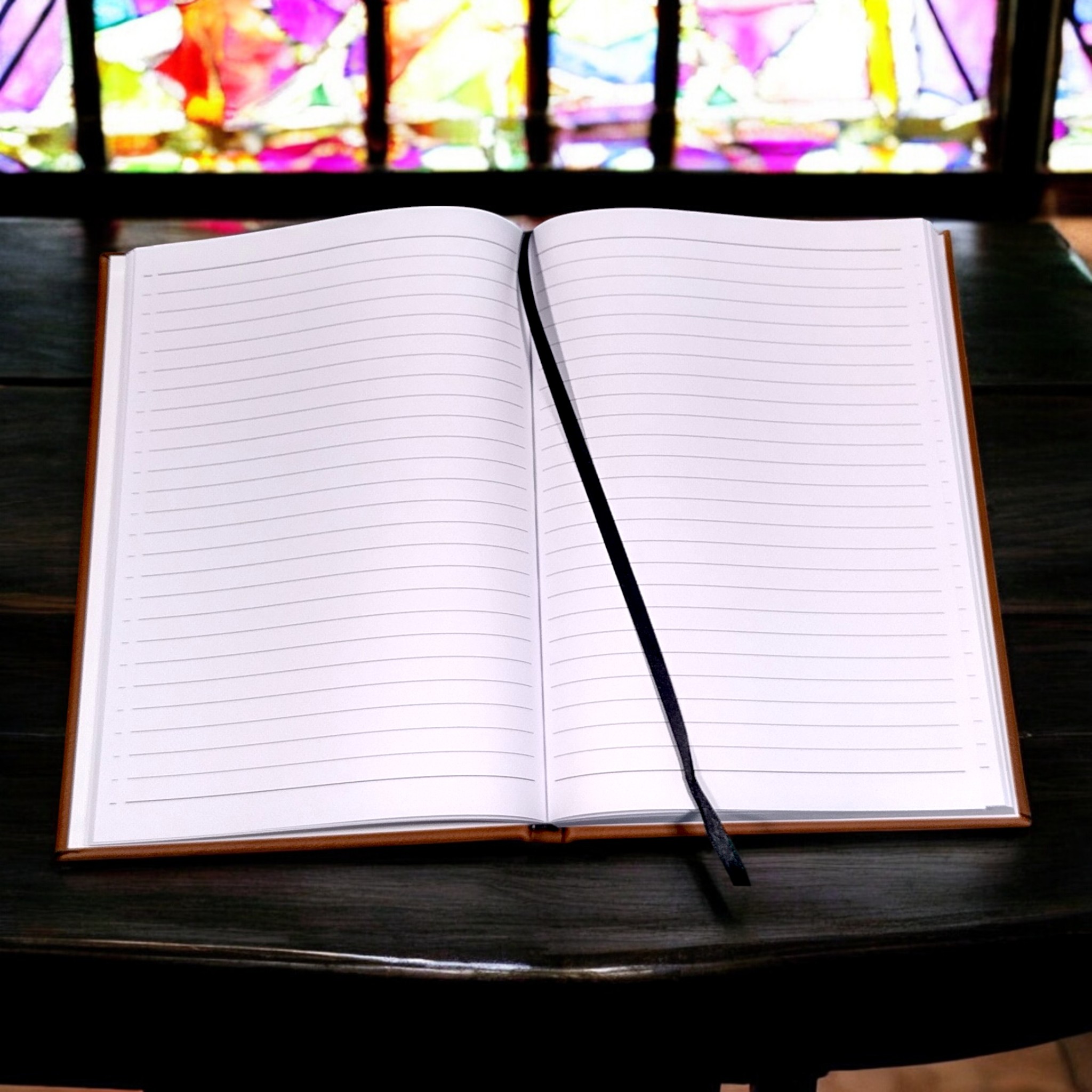 nterior view of personalized cross leatherette journal – crisp lined pages with black satin ribbon bookmark, ready for Bible study, prayers, or journaling