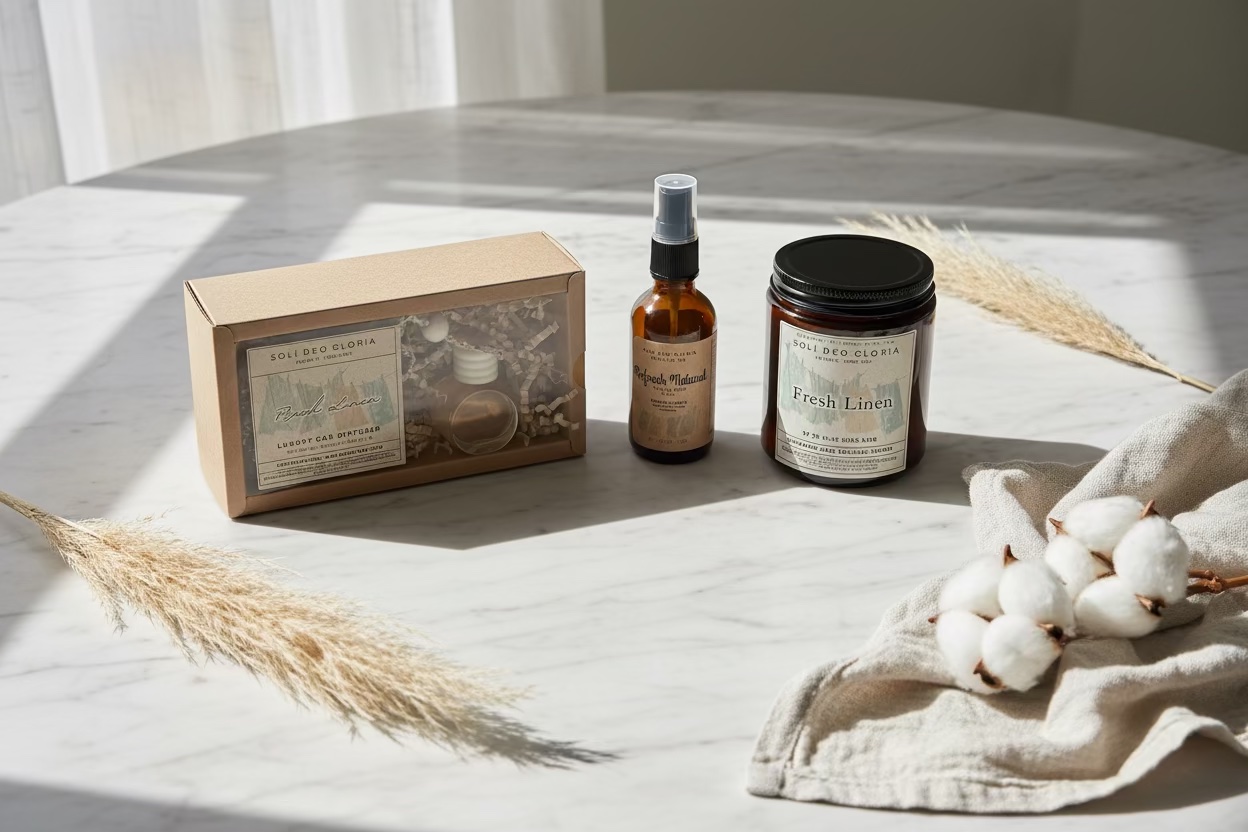 Fresh Linen Gift Bundle – Natural, Candle, Linen & Room Spray, & Car Diffuser - Organic & Toxin-Free Ingredients - Image 2