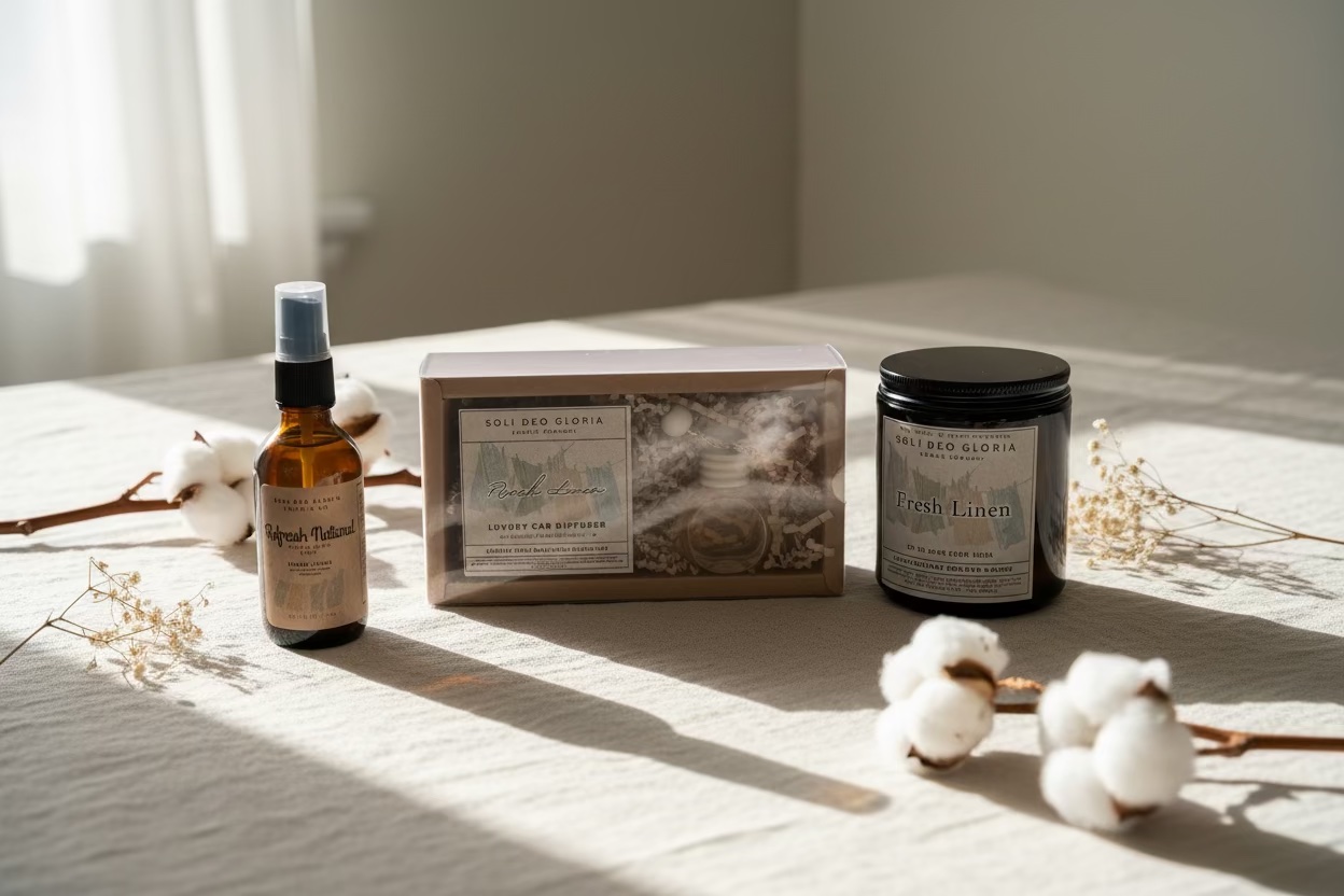 Fresh Linen Gift Bundle – Natural, Candle, Linen & Room Spray, & Car Diffuser - Organic & Toxin-Free Ingredients - Image 3