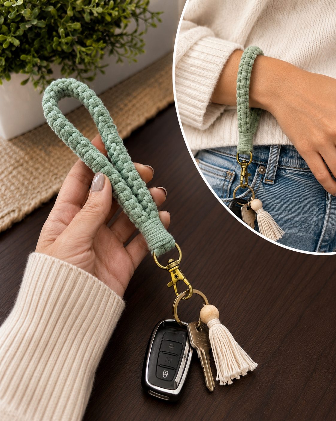 Macrame Box Stitch Wristlet Keychain | Handmade Boho Key Fob - Image 2