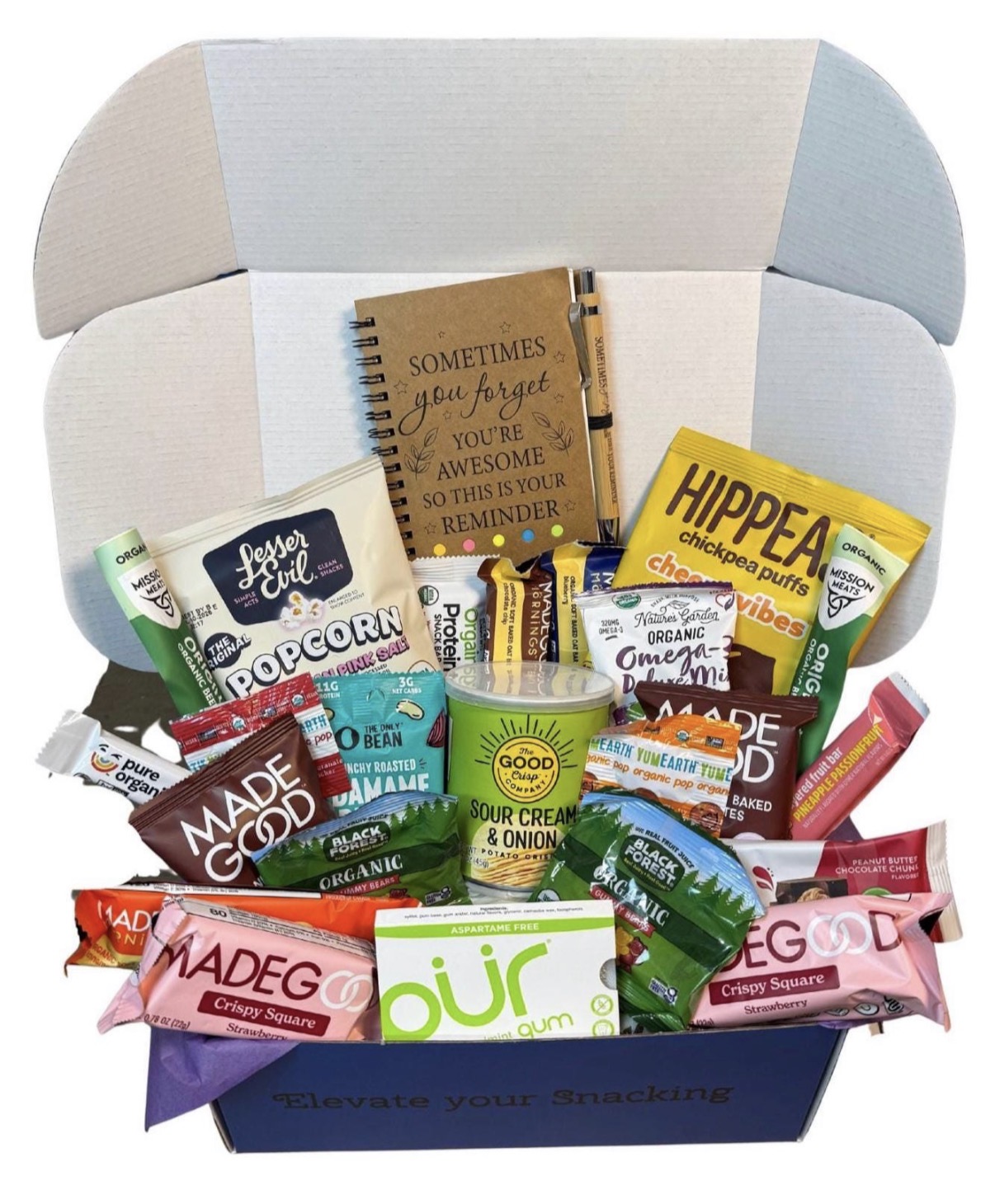 Healthy Snack Box Care Package with Notebook/Pen, Inspirational, Personalized Card Included